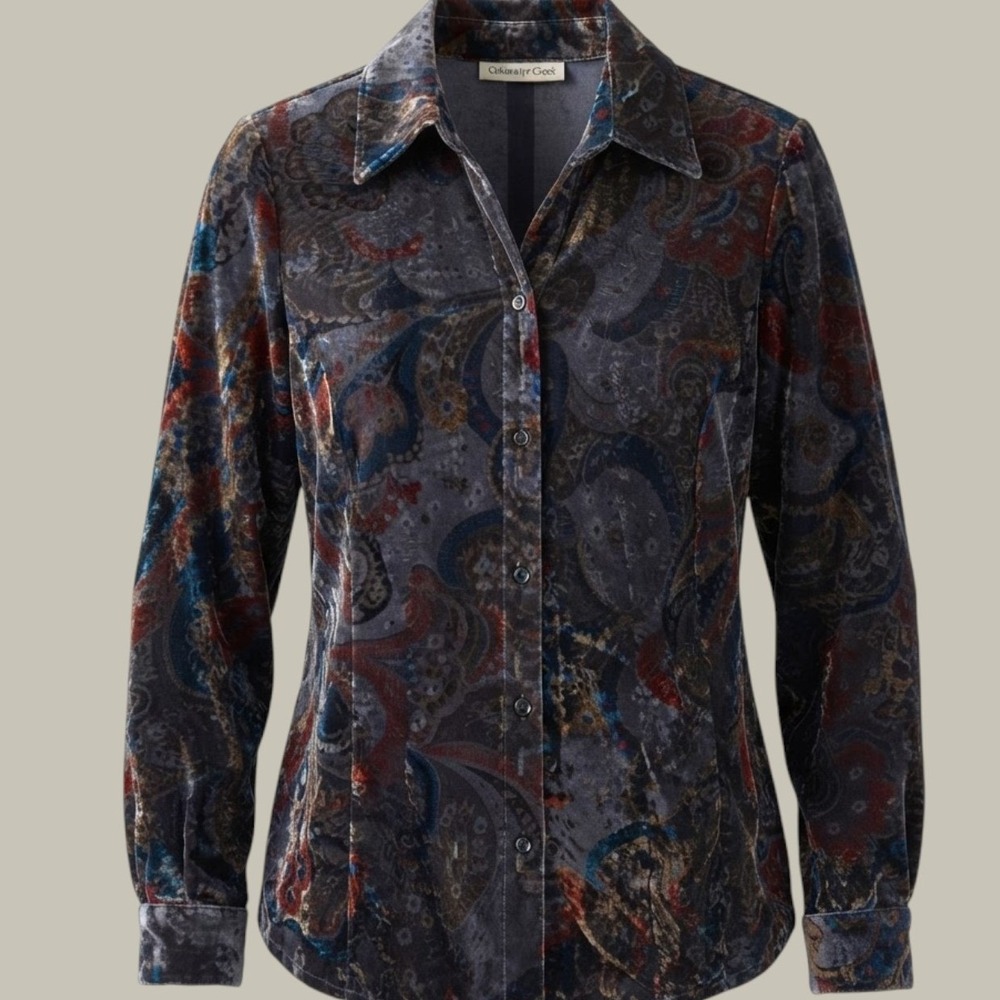 Coldwater Creek Velvet Paisley Peplum Top Blue Copper Button Down Petite Small